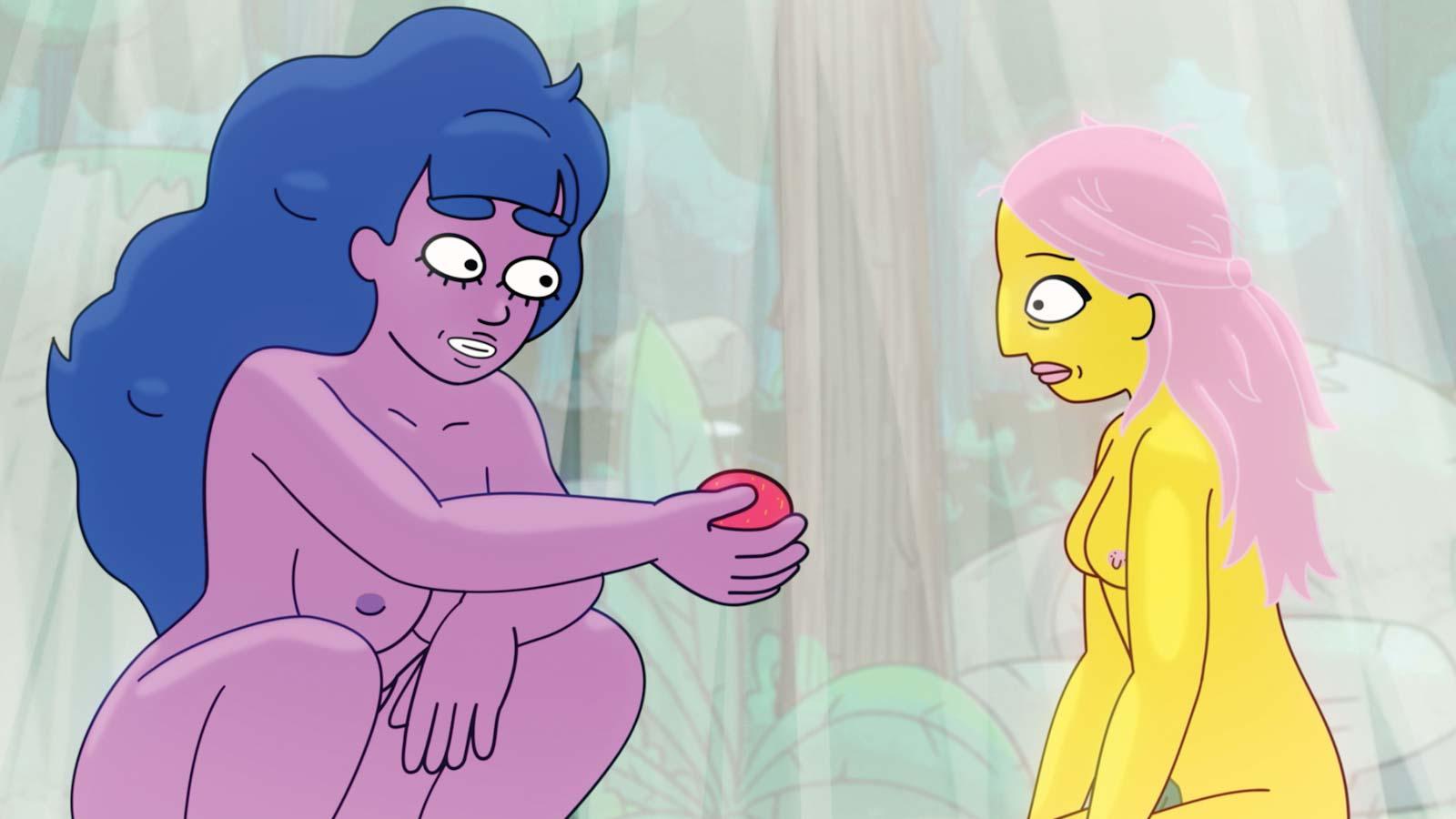 两个裸体的卡通女人，一个把苹果递给另一个