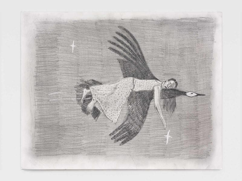  Megan Tighe ' 23石墨纸上的女人躺在一只飞翔的鸟上